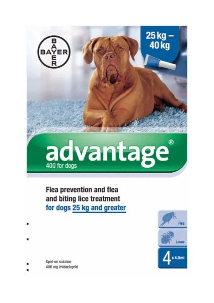 Bayer Advantage 400 Spot-On Solution Dogs 4 X 4ml Pipette 25kg Plus 1 Bayer Advantage 400 Spot-On Solution Dogs 4 X 4ml Pipette 25kg Plus