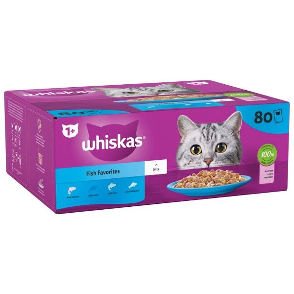Whiskas Fish Favourites In Jelly 1+ Adult Wet Cat Food Pouches 80x85g 1 Whiskas Fish Favourites In Jelly 1+ Adult Wet Cat Food Pouches 80x85g
