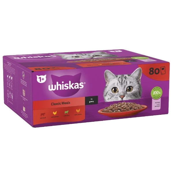 Whiskas Classic Meals In Gravy 1+ Adult Wet Cat Food Pouches 80x85g 1 Whiskas Classic Meals In Gravy 1+ Adult Wet Cat Food Pouches 80x85g
