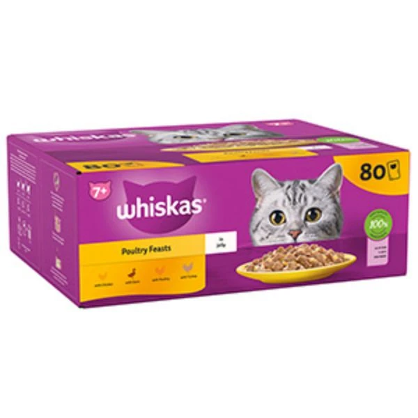 Whiskas Senior 7+ Poultry Feasts In Jelly Wet Cat Food Pouches 80x85g 1 Whiskas Senior 7+ Poultry Feasts In Jelly Wet Cat Food Pouches 80x85g